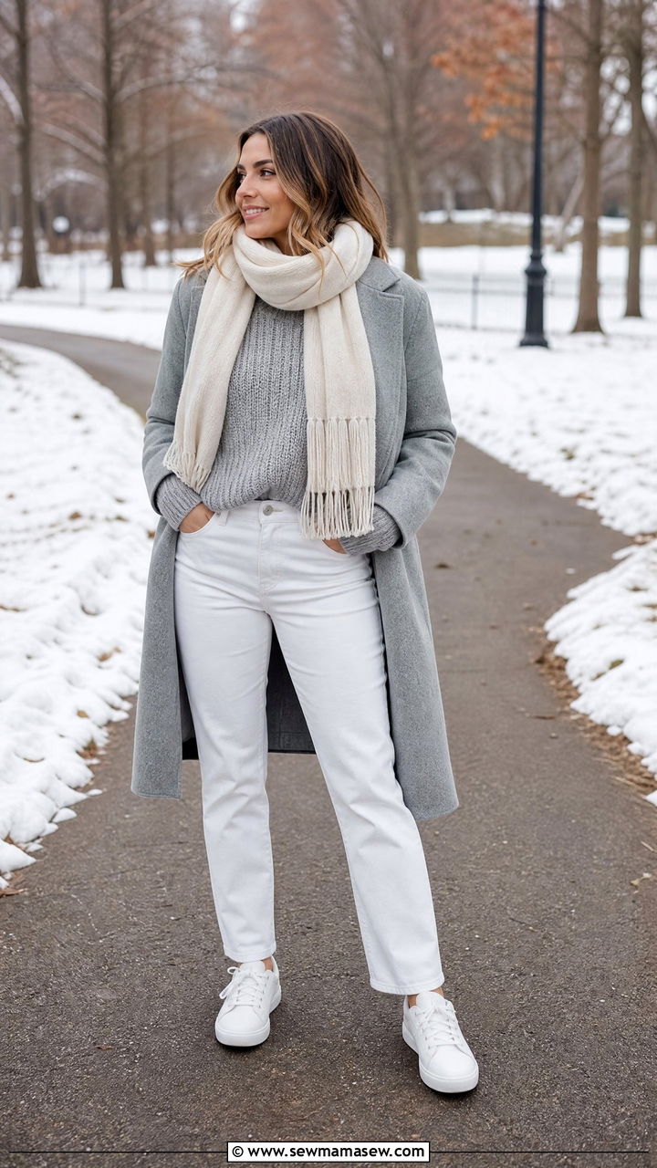 Grey Knit Sweater and White Jeans Outfit - 30 minimalist capsule wardrobe outfits