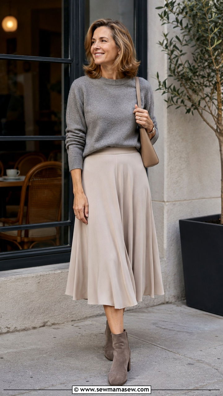Grey Knit Sweater with Midi Skirt and Ankle Boots - 30 Capsule wardrobe women over 50