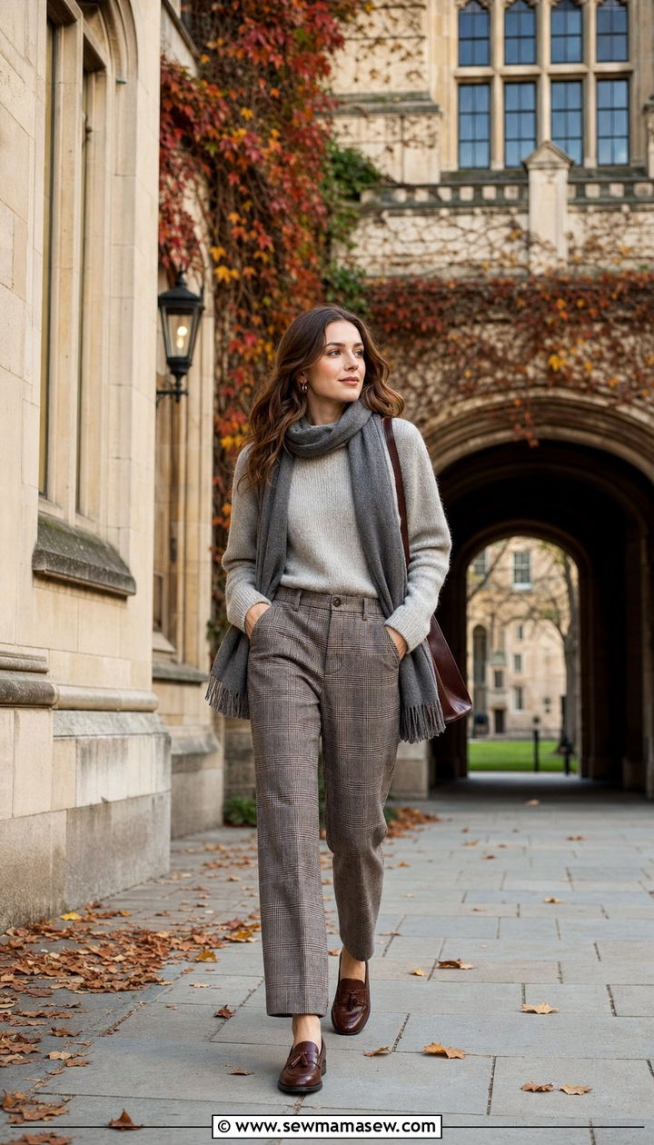 Grey Knit Sweater with Plaid Trousers and Grey Wool Scarf - 25 classy light academia outfits