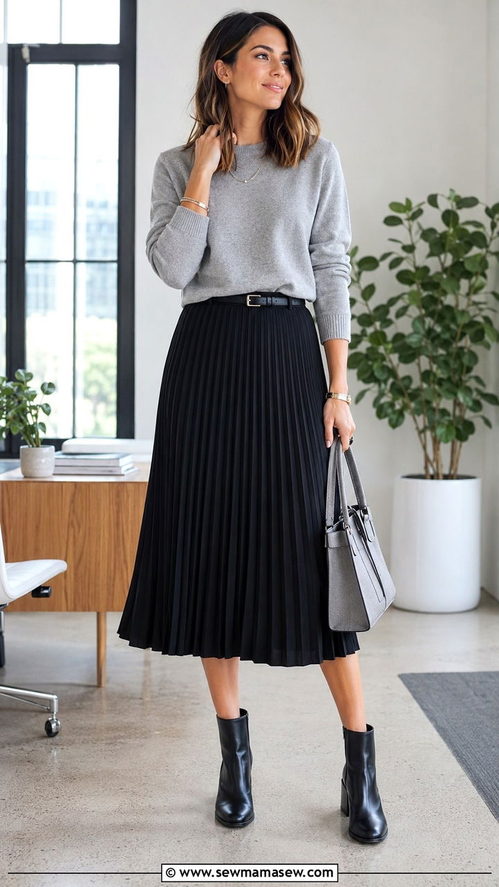 Grey Knit Sweater with Pleated Midi Skirt - 30 Business casual outfits for Mondays