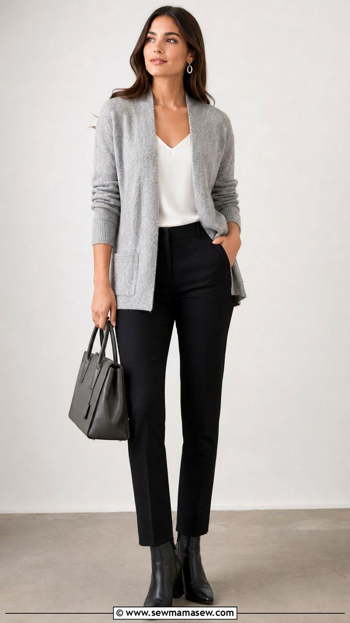 Grey Knitted Cardigan With Black Pants - 30 casual job interview outfits