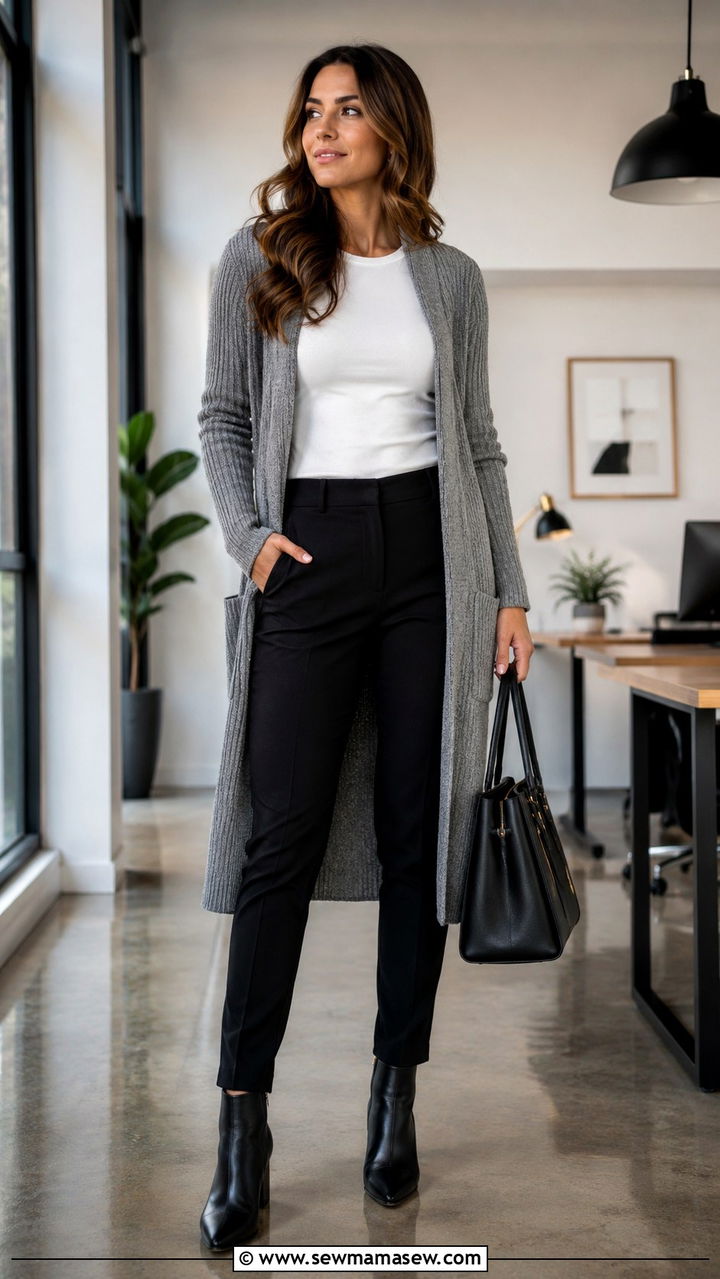 Grey Knitted Cardigan With Black Pants - 30 office outfits Pinterest
