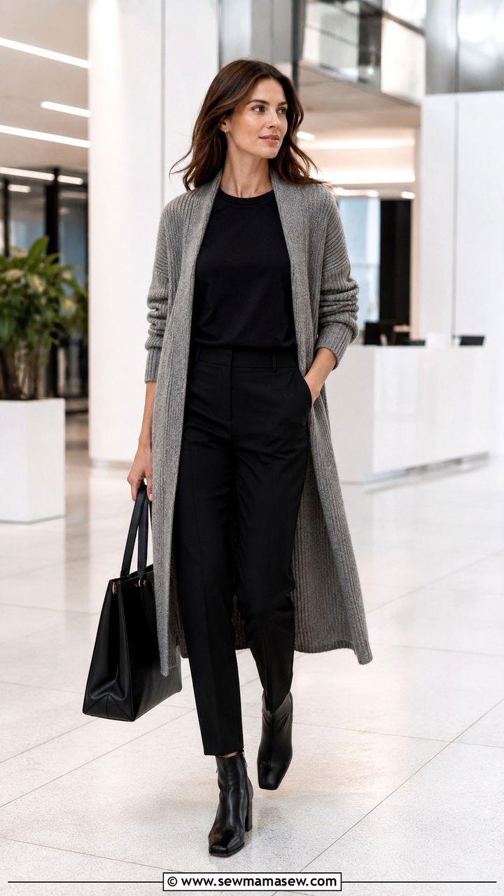 Grey Knitted Cardigan with Black Pants - 30 office outfits aesthetic