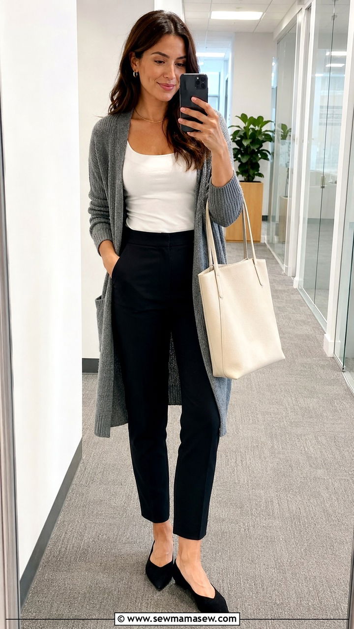 Grey Knitted Cardigan with Black Pants Outfit - 30 Networking event outfit ideas