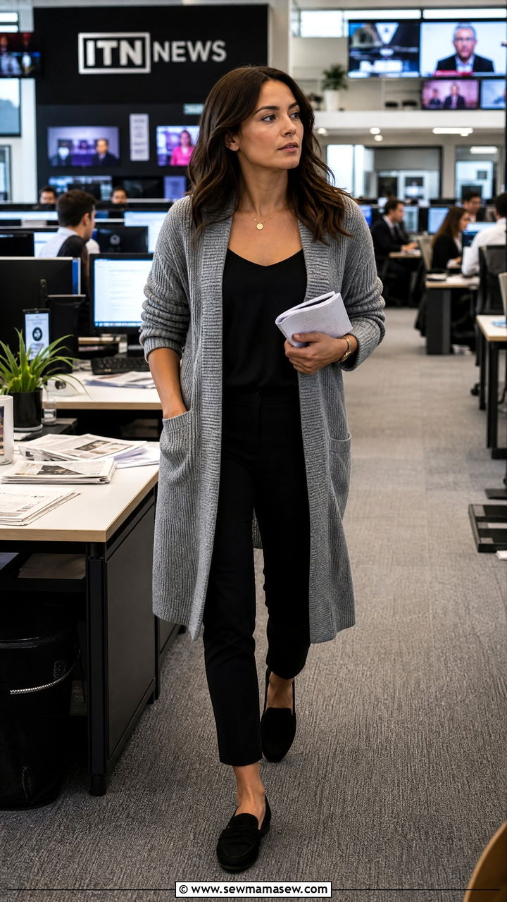 Grey Knitted Cardigan with Black Pants - 25 Journalist outfit ideas