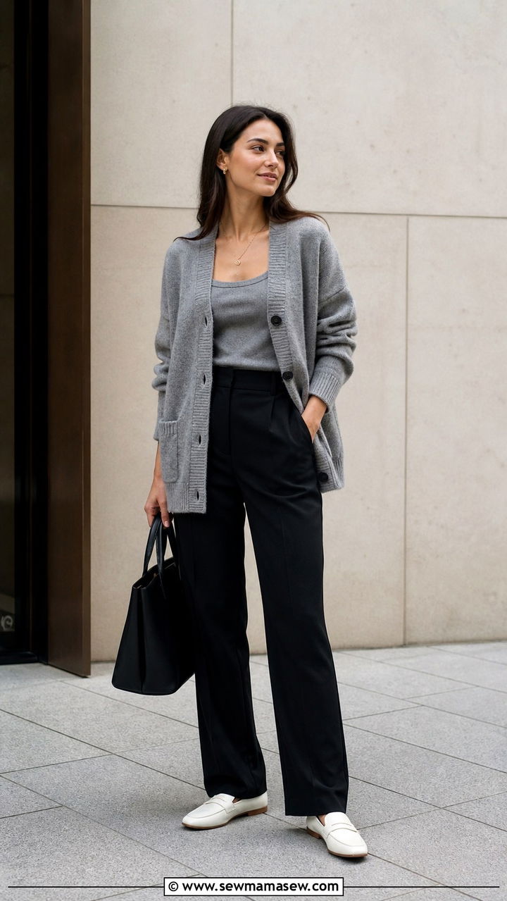 Grey Knitted Cardigan with Black Straight Leg Pants - 40 Corporate outfit ideas