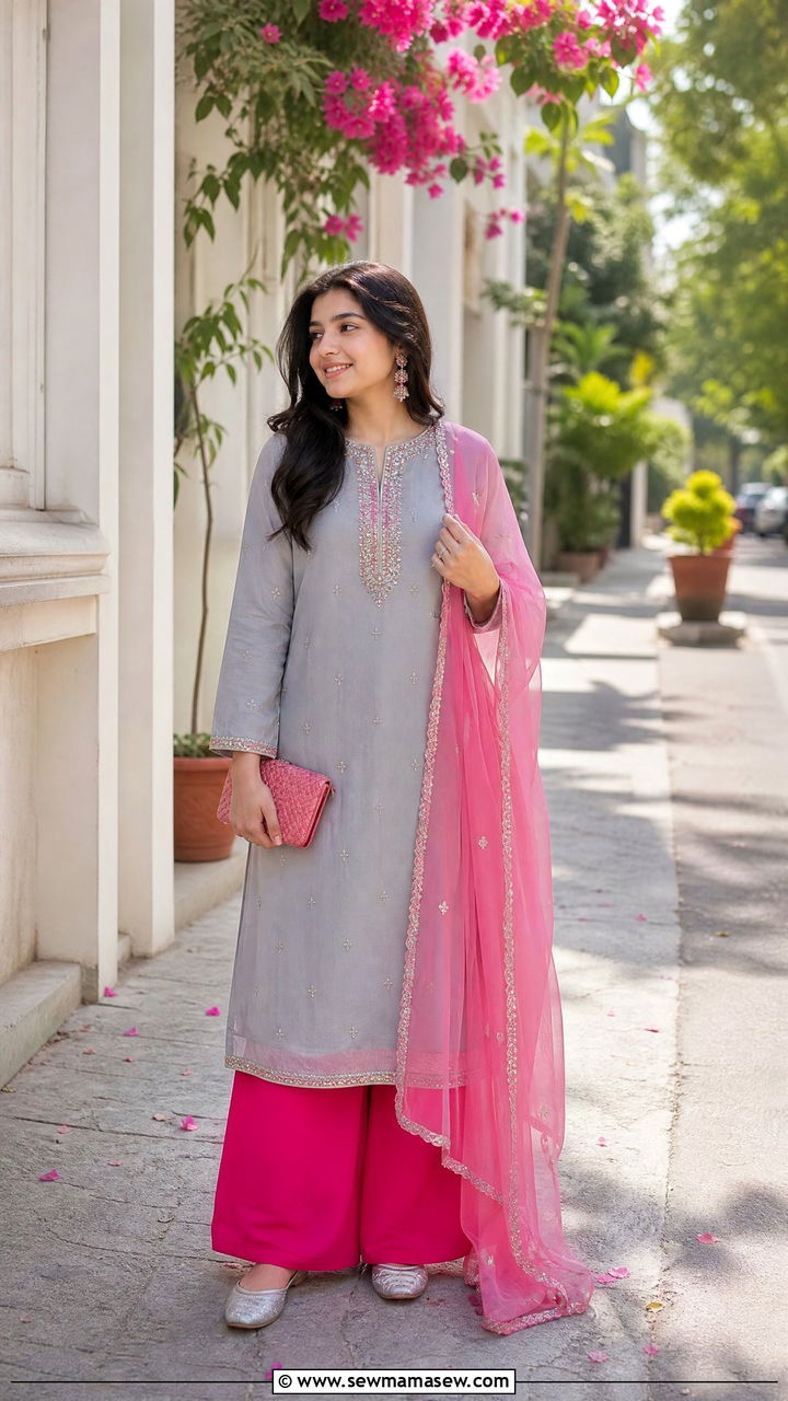 Grey Kurta with Pink Palazzo and Organza Dupatta - 30 Eid outfit ideas for teens