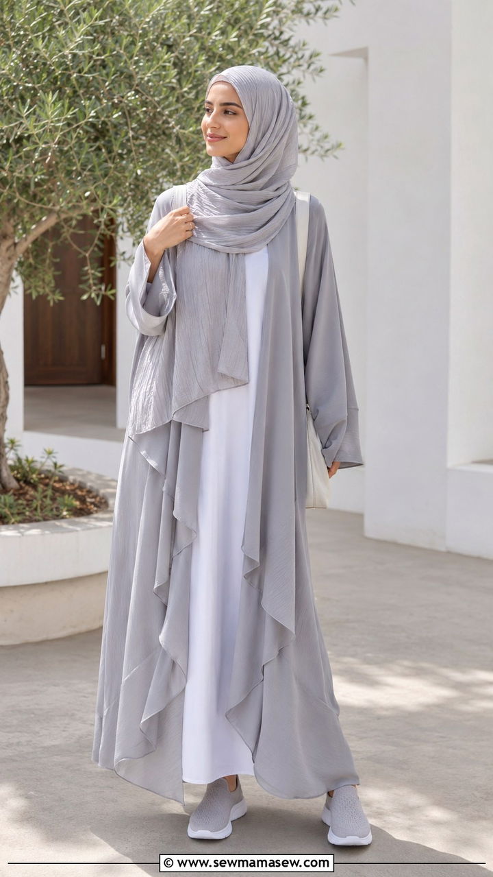 Grey Layered Abaya With White Inner Dress - 20 Modest outfit ideas for Hajj
