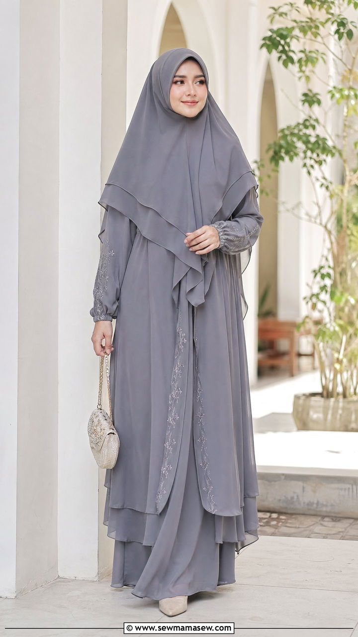 Grey Layered Khimar and Gamis Set - 35 Eid outfit ideas for moms