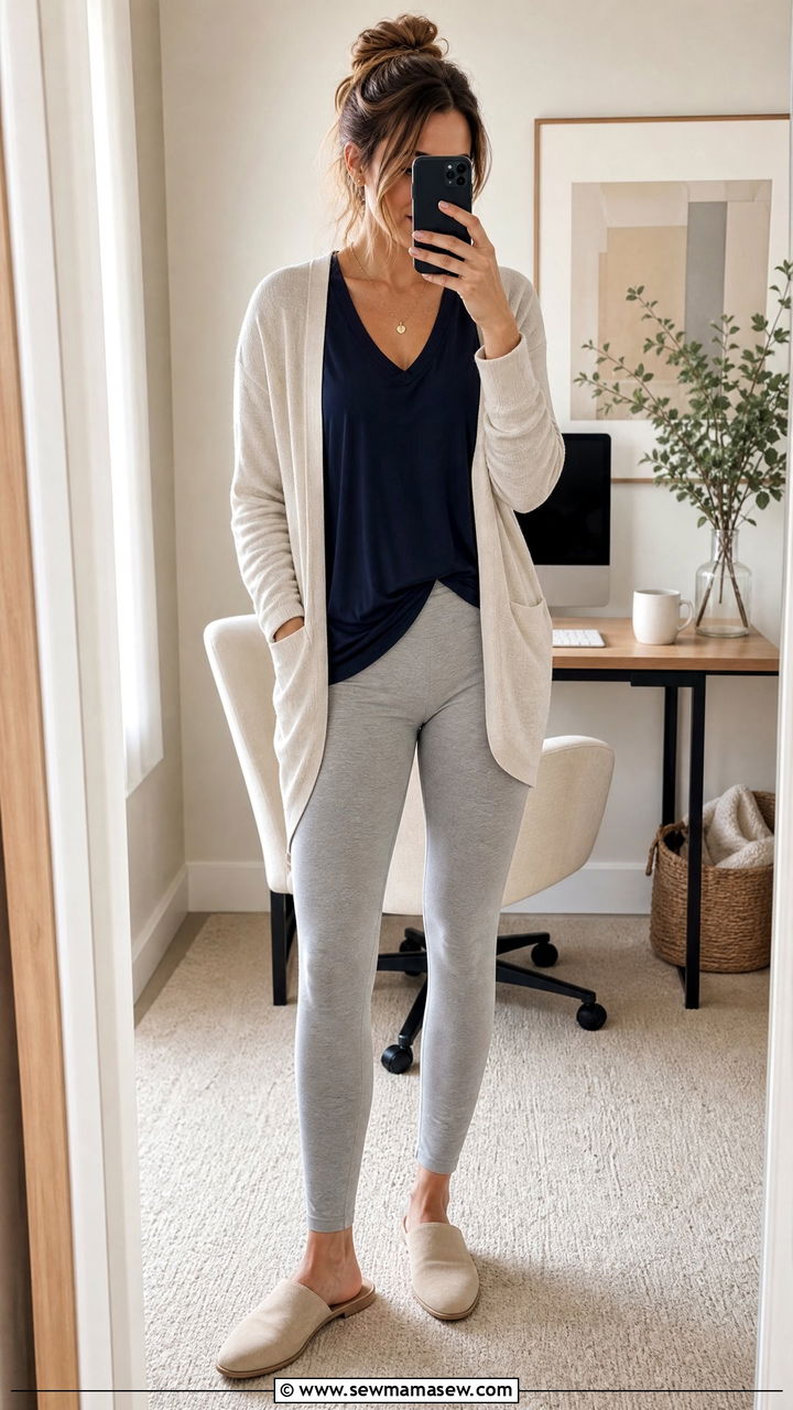 Grey Leggings with Navy V Neck Tee and Lightweight Cardigan - 30 Clean girl loungewear outfit ideas