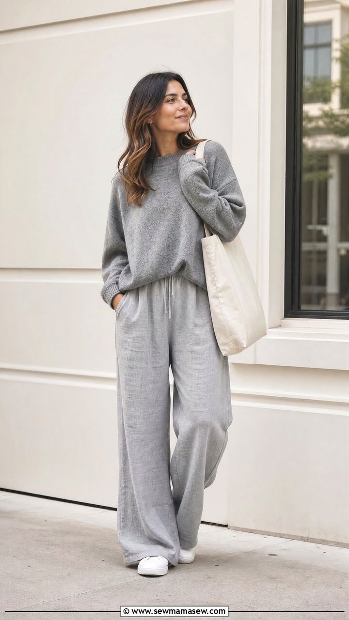 Grey Linen Pants With Oversized Sweater And Sneakers - 35 linen pants outfit ideas