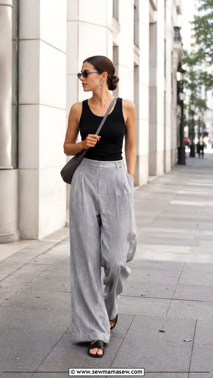 Grey Linen Pants with Black Tank and Flat Sandals - 30 Linen pants outfit ideas with sandals