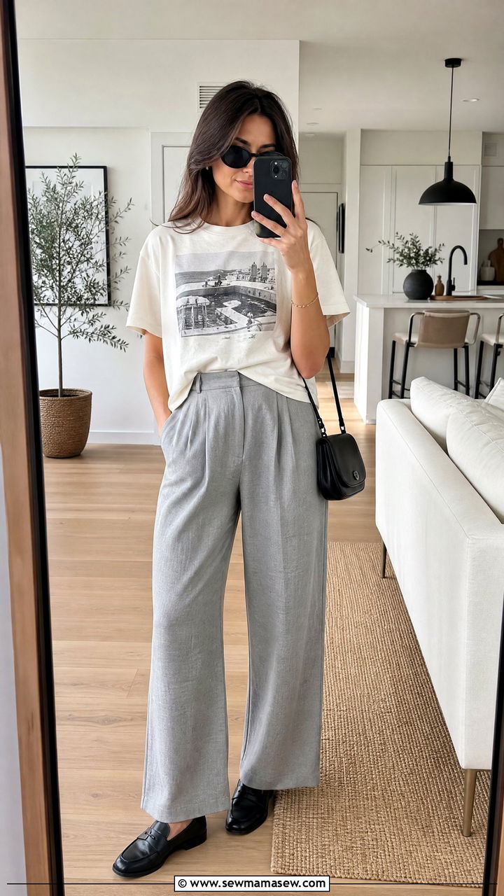 Grey Linen Trousers With Boxy Graphic Tee and Loafers - 25 Spring outfits with linen pants