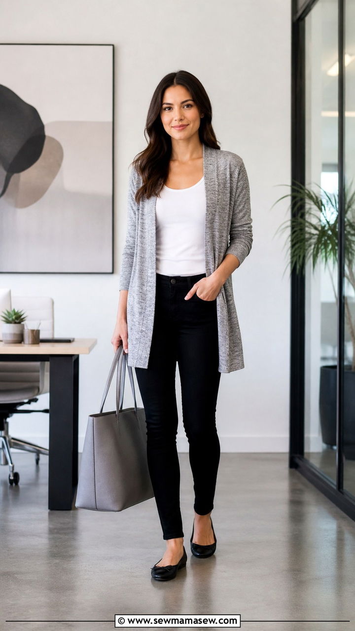Grey Marl Cardigan With White Tank and Black Skinny Pants - 40 business casual outfits
