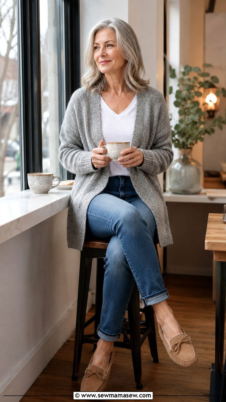 Grey Marl Cardigan with White V Neck Tee and Blue Jeans - 30 Capsule wardrobe women over 50