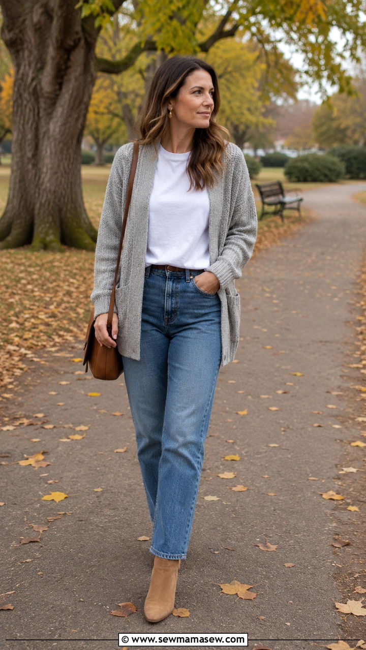 Grey Marl Cardigan with a White Tee and Blue Straight Leg Jeans - 30 casual outfits for women over 30