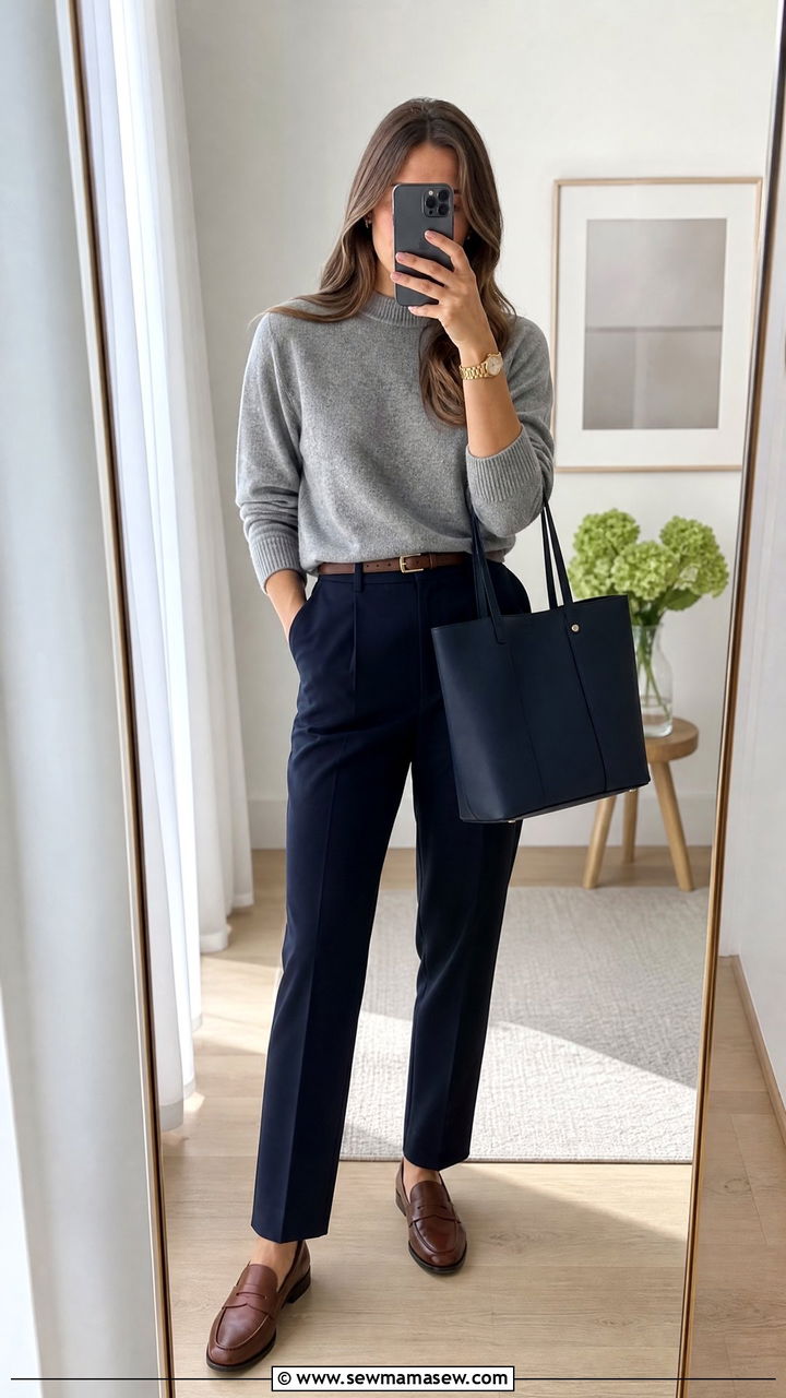 Grey Marl Sweater With Navy Trousers and Loafers - 35 Minimalist work outfits