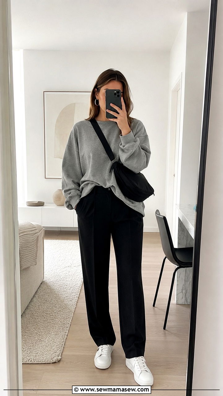 Grey Marl Sweatshirt With Black Trousers - 30 Scandi minimalist outfit ideas