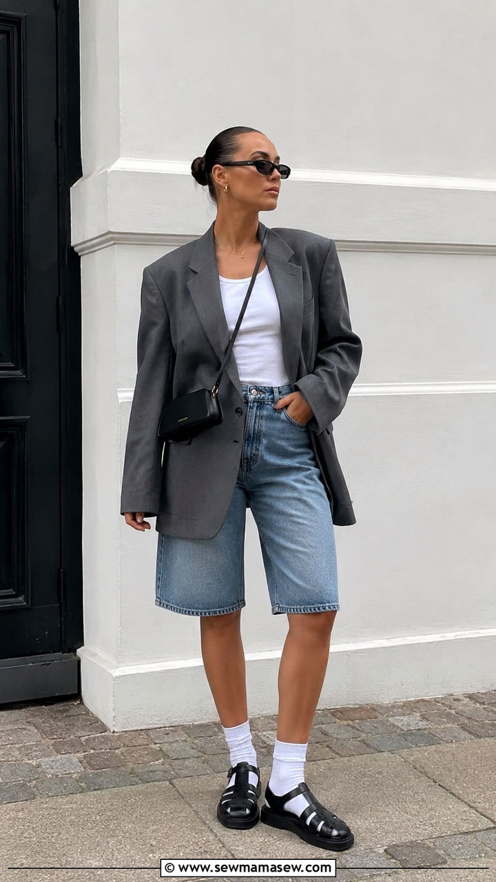 Grey Oversized Blazer And Denim Shorts - 30 Scandi minimalist outfit ideas