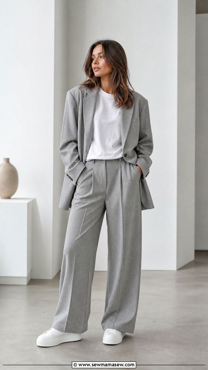 Grey Oversized Blazer With Basic Tee and Wide Leg Trousers - 30 Oversized blazer outfit ideas with a t-shirt