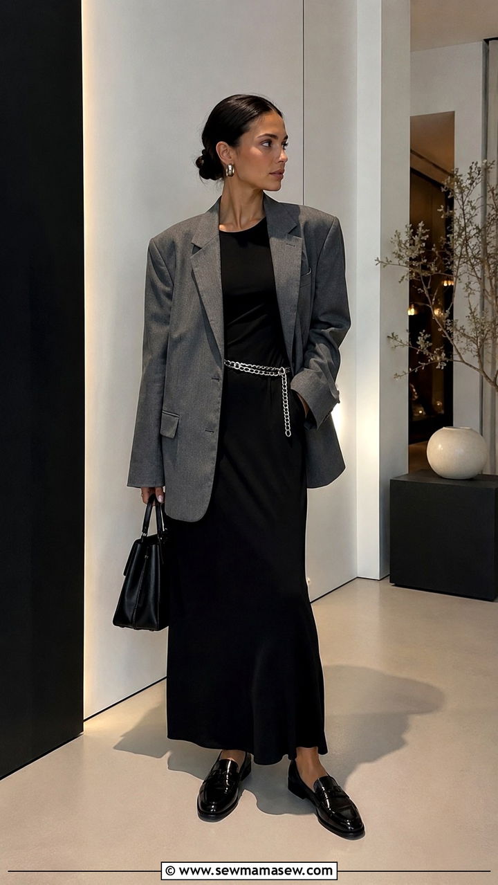 Grey Oversized Blazer With Black Maxi Dress And Patent Loafers - 30 Oversized blazer outfit ideas with loafers