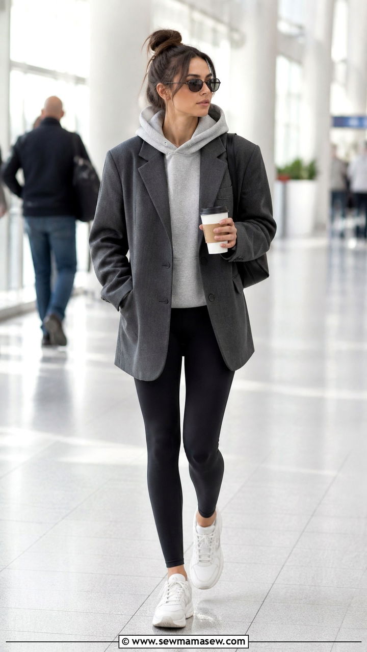 Grey Oversized Blazer With Hoodie And Leggings - 40 blazer outfit ideas for women