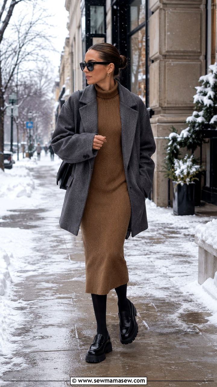 Grey Oversized Blazer With Knit Dress And Chunky Loafers - 30 Oversized blazer outfit ideas with loafers