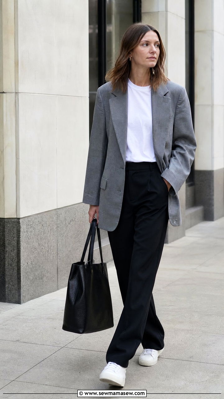 Grey Oversized Blazer With White Tee and Black Trousers - 35 Minimalist work outfits