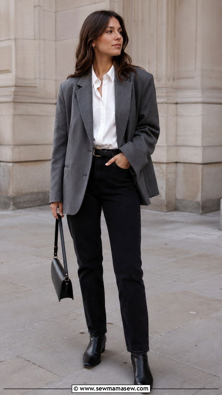 Grey Oversized Blazer and Black Jeans Combination - 30 Oversized blazer outfit ideas with jeans
