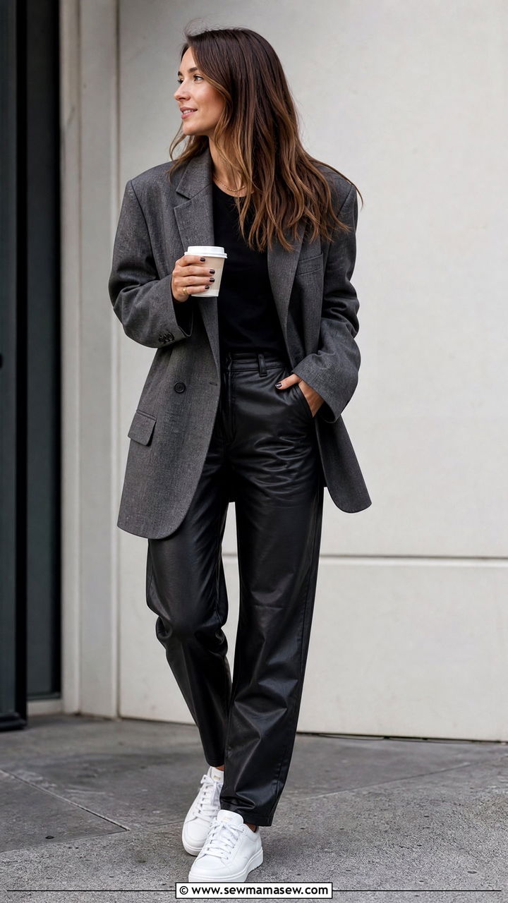 Grey Oversized Blazer and Black Leather Trousers - 25 CEO outfit ideas for women