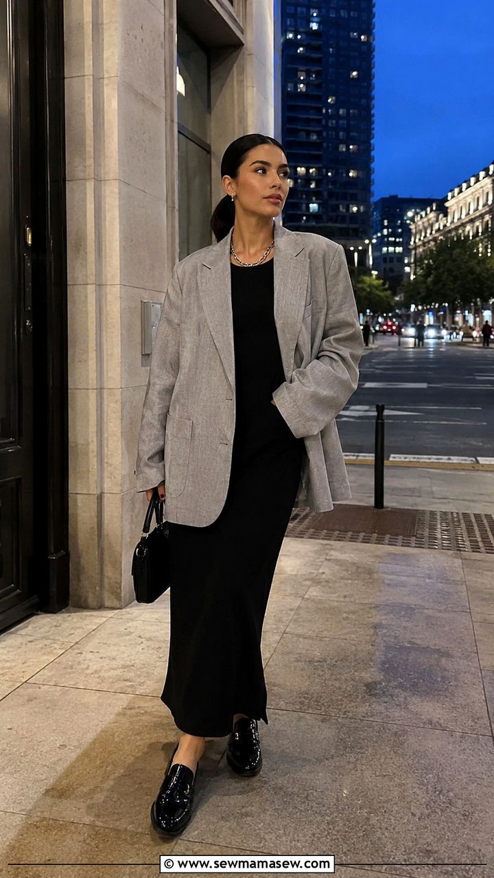 Grey Oversized Linen Blazer With Black Maxi Dress and Patent Loafers - 30 Linen blazer outfit ideas with loafers
