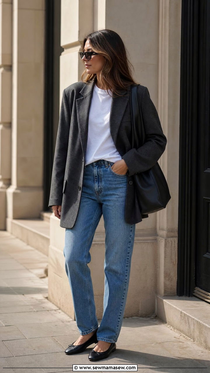 Grey Oversized Wool Blazer With White Tee And Blue Jeans - 25 Quiet luxury outfit ideas The Row style