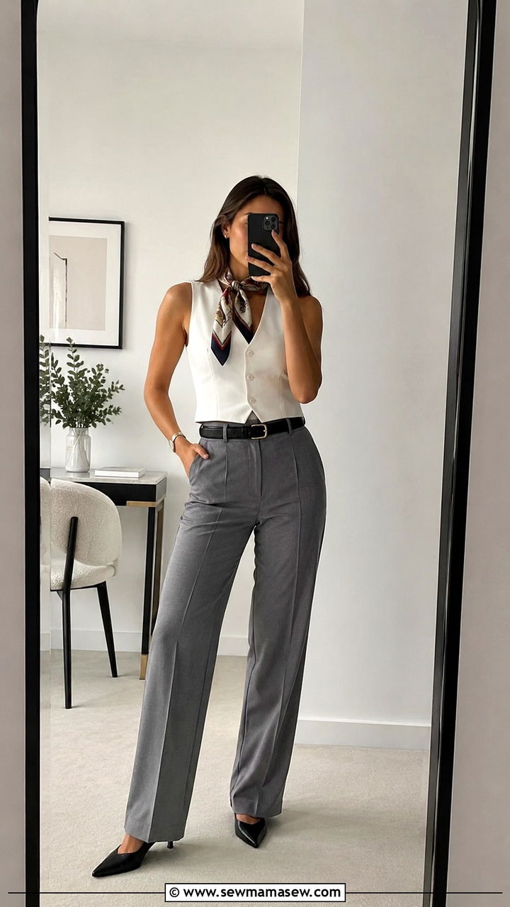 Grey Pants with White Vest Top Office Look - 25 Paralegal outfit ideas