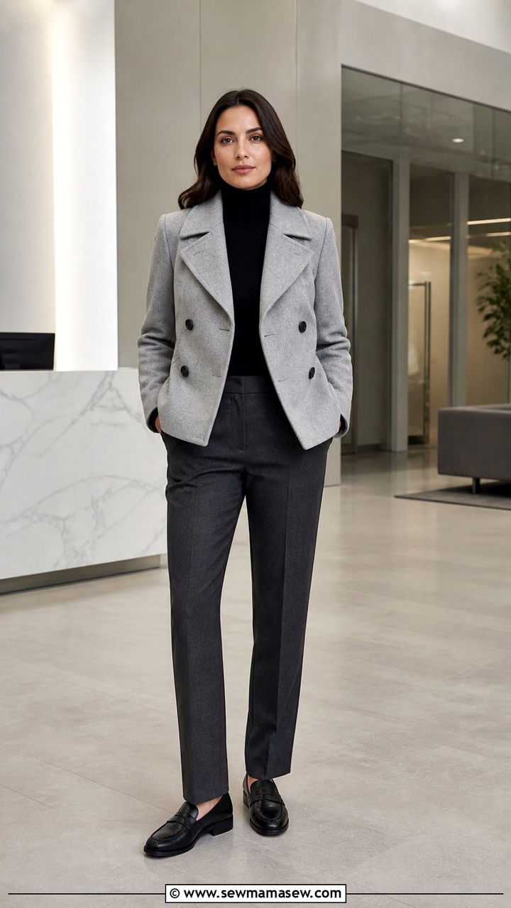 Grey Peacoat with a Black Turtleneck and Charcoal Trousers - 40 Pea coat outfit ideas