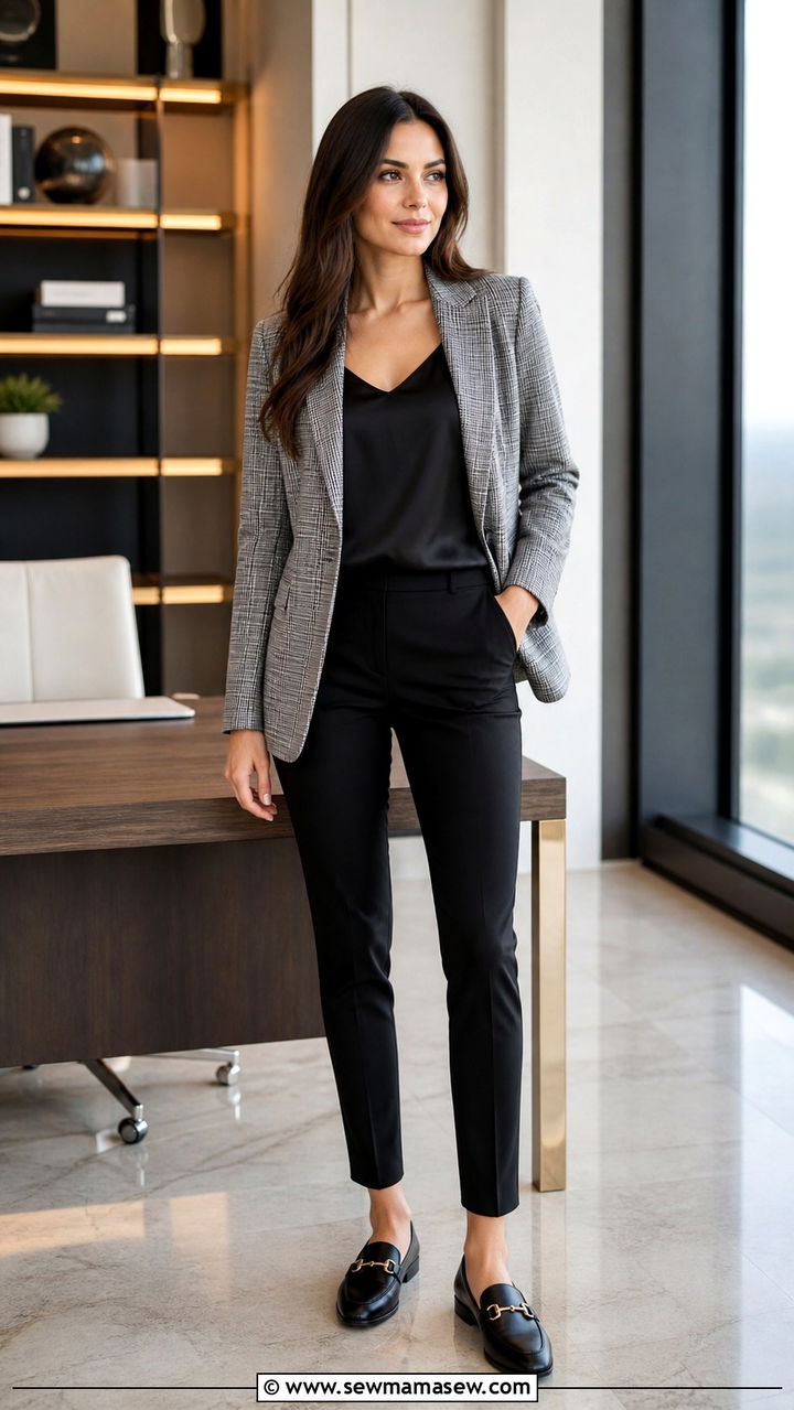 Grey Plaid Blazer With Black Pants - 40 Lawyer outfit ideas