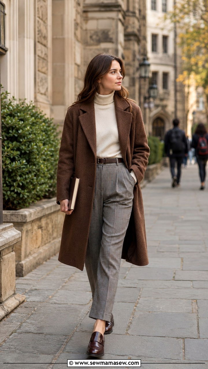 Grey Plaid Pants With White Turtleneck And Brown Wool Coat - 25 Professor outfit ideas