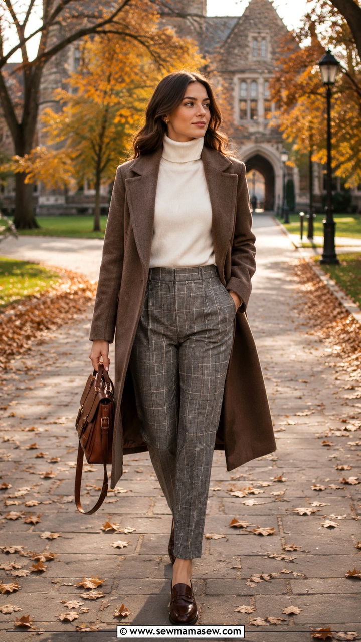 Grey Plaid Trousers with White Turtleneck and Brown Wool Coat - 25 Researcher outfit ideas