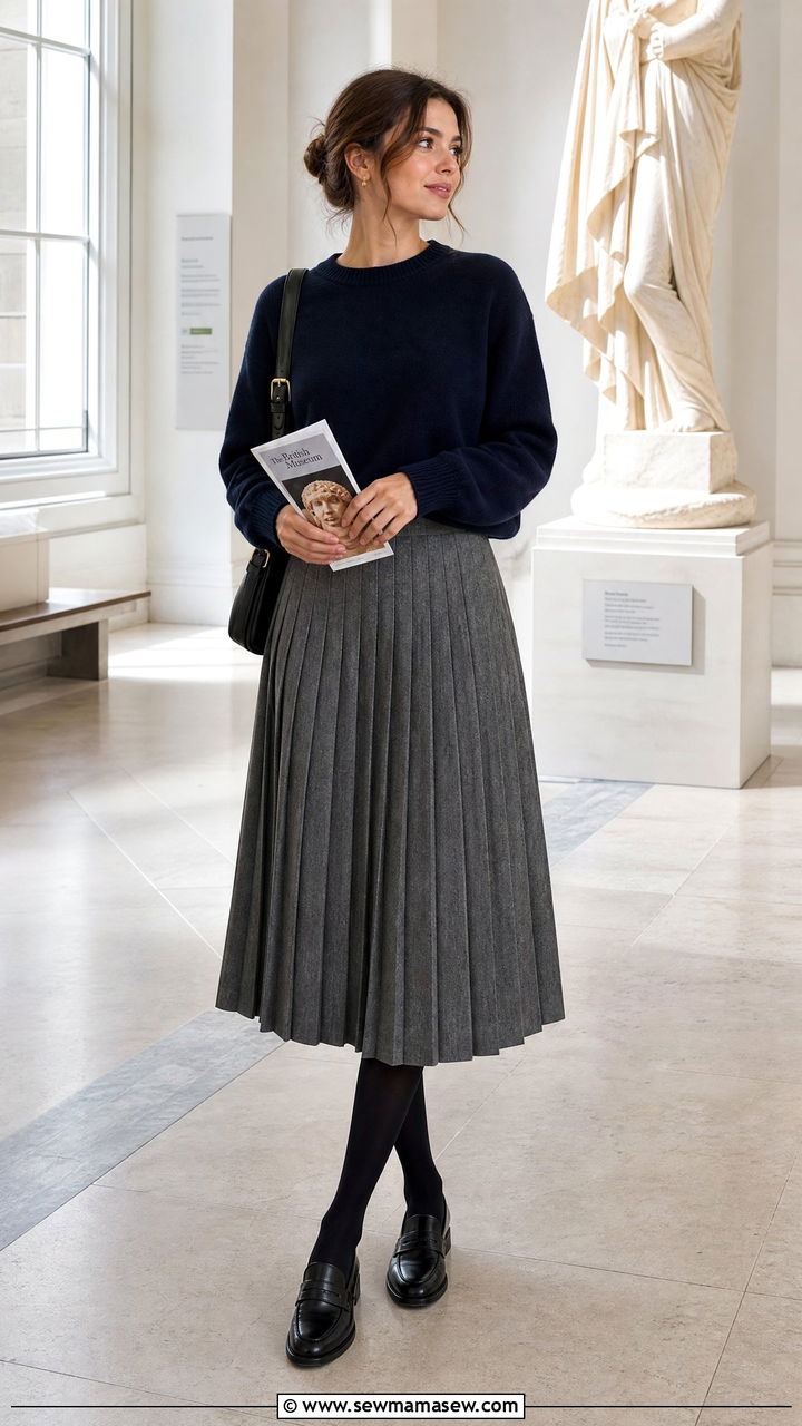 Grey Pleated Skirt With Navy Sweater and Loafers - 25 Chicago outfit ideas