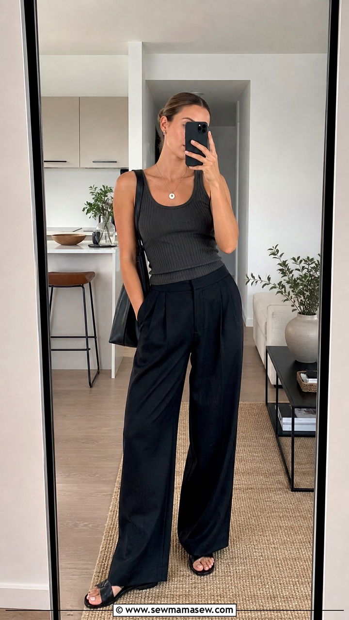 Grey Ribbed Tank and Black Wide Leg Trousers - 40 summer minimalist outfits
