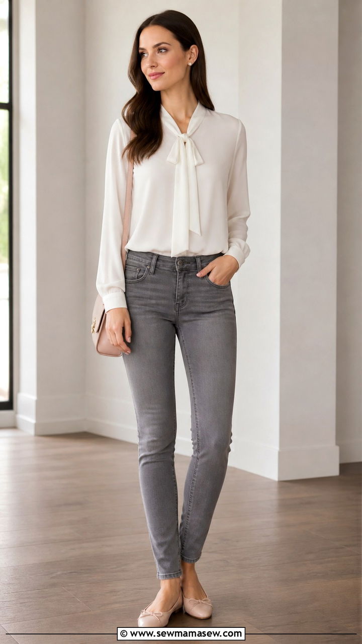 Grey Skinny Jeans With White Blouse And Nude Flats - 40 casual skinny jeans outfits