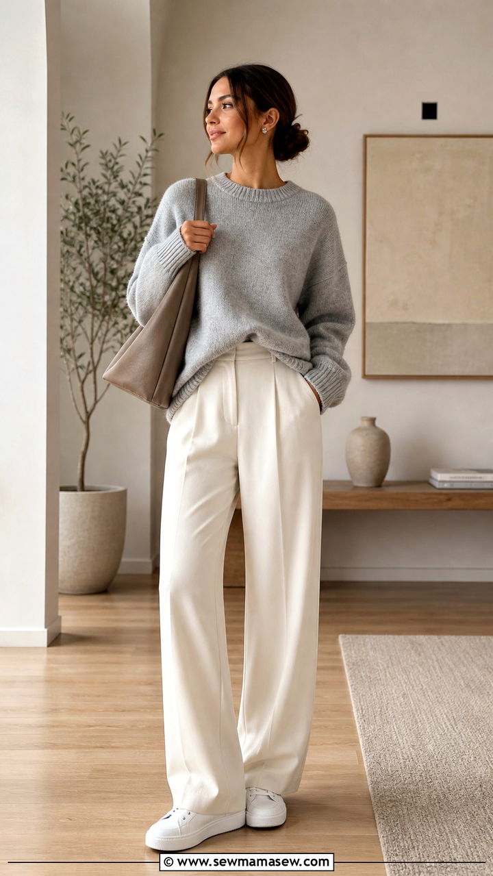 Grey Slouchy Sweater with Cream Wide Leg Trousers - 40 clean girl outfits