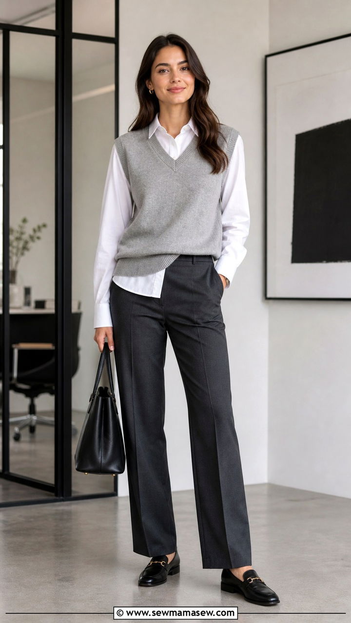 Grey Suit Pants with Charcoal Knitted Sweater Vest - 40 Corporate outfit ideas