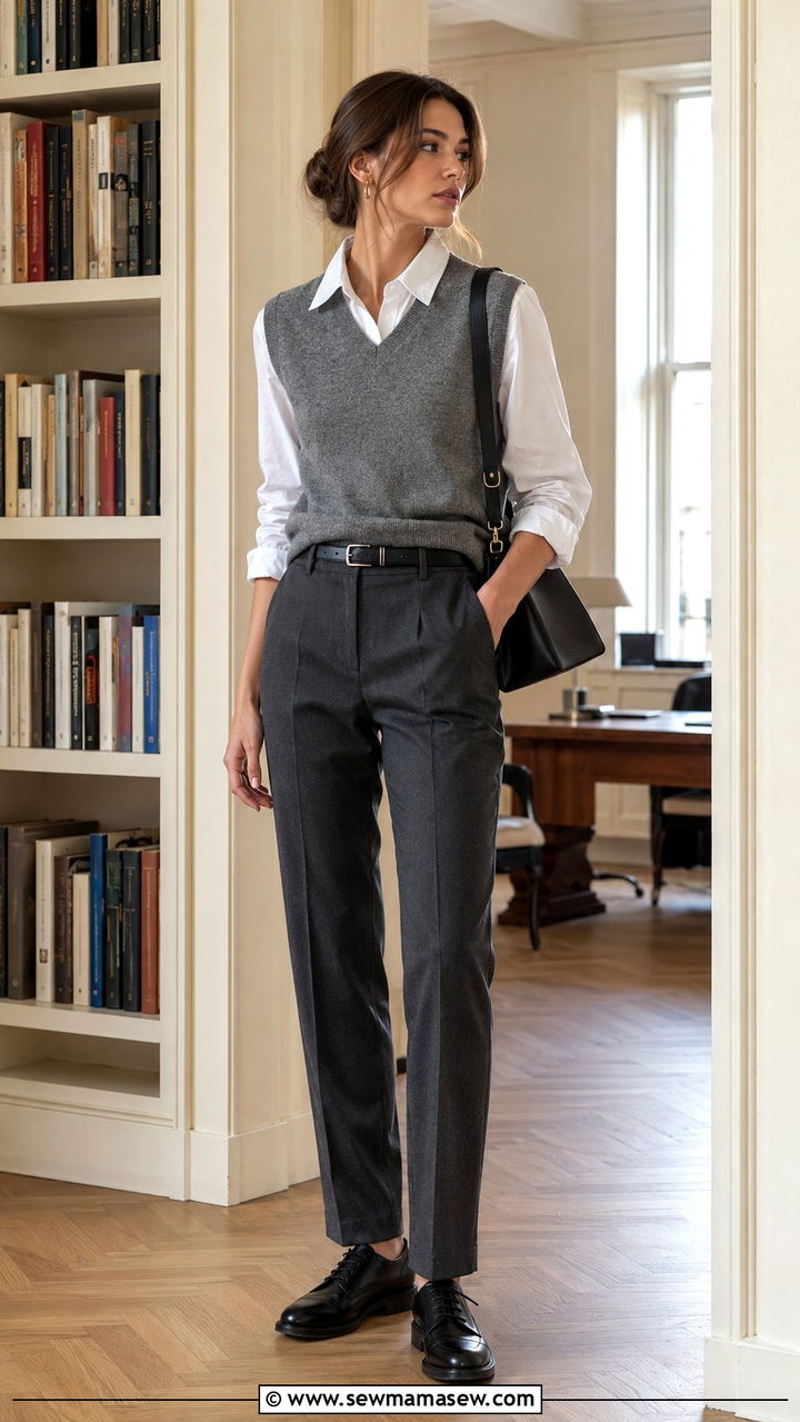Grey Suit Pants with Knitted Sweater Vest - 30 office outfits aesthetic