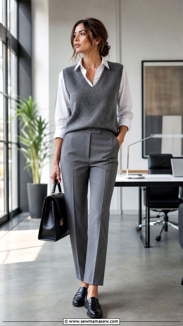 Grey Suit Trousers With Sweater Vest And Black Loafers - 25 Business casual outfits with loafers