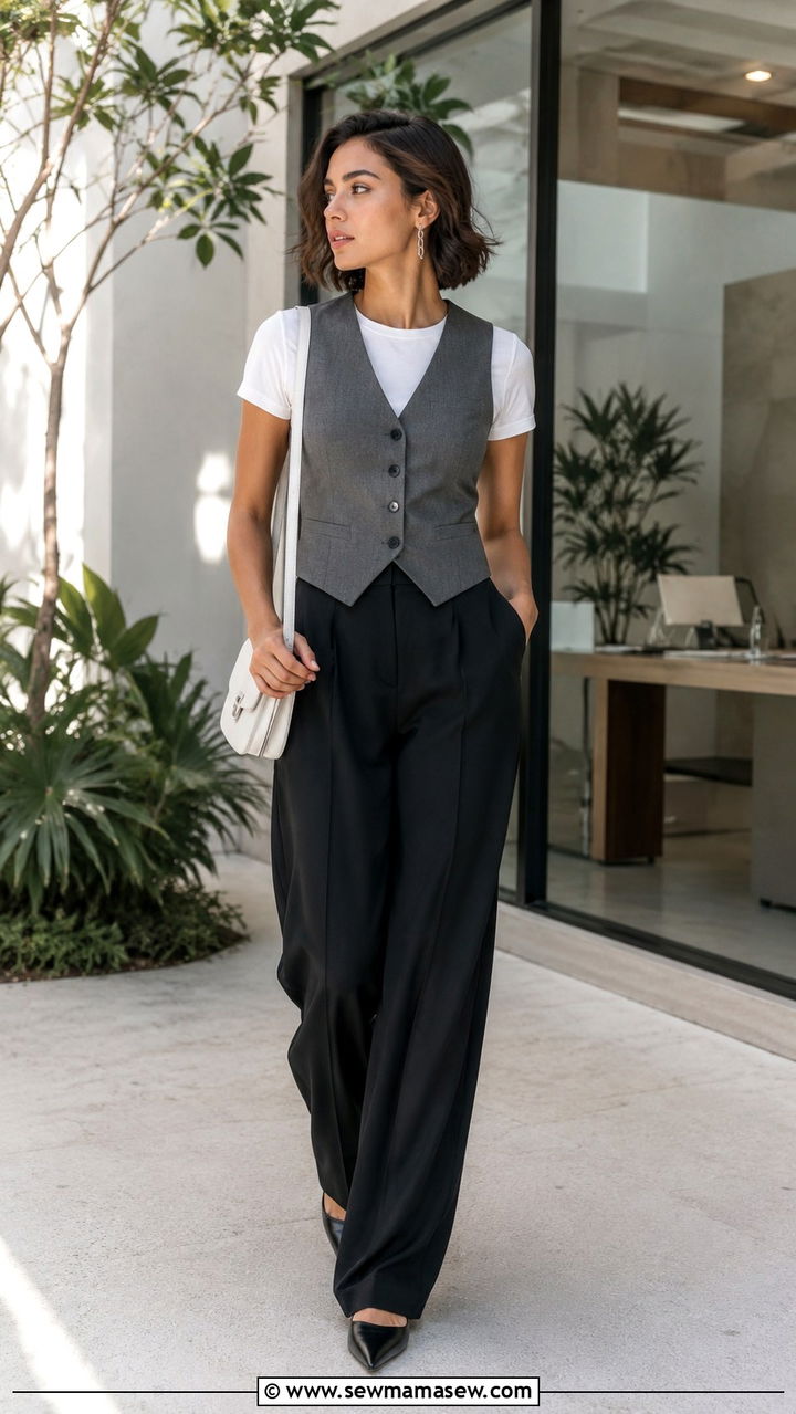 Grey Suit Vest With White Tee And Black Trousers Outfit - 30 casual business casual outfits