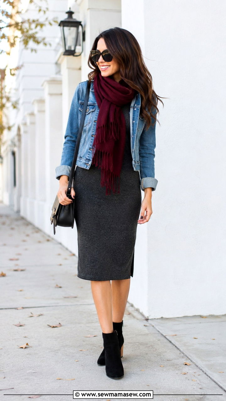 Grey Sweater Dress With Denim Jacket And Ankle Boots - 20 Sweater dress outfit ideas with a denim jacket