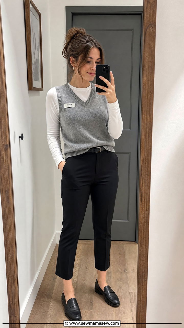Grey Sweater Vest With Black Pants Waitress - 25 Waitress outfit ideas