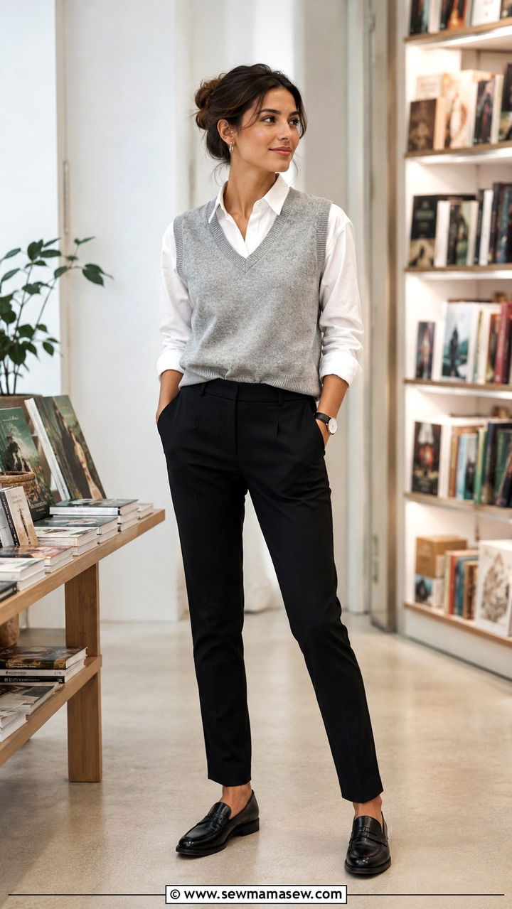 Grey Sweater Vest with Black Pants Outfit - 30 Retail work outfit ideas