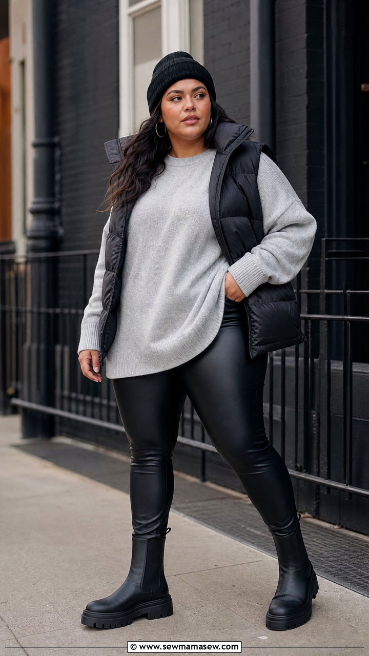 Grey Sweater and Black Faux Leather Leggings Look - 30 Clean girl outfits plus size