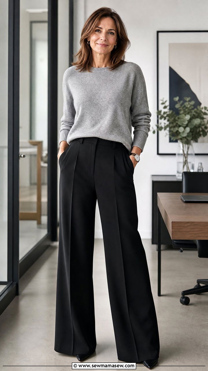 Grey Sweater and Wide Leg Black Trousers Outfit - 30 Cute outfits for women over 40